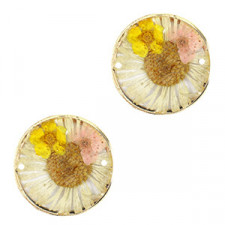 Connector with dried flowers 20mm - Gold-white yellow